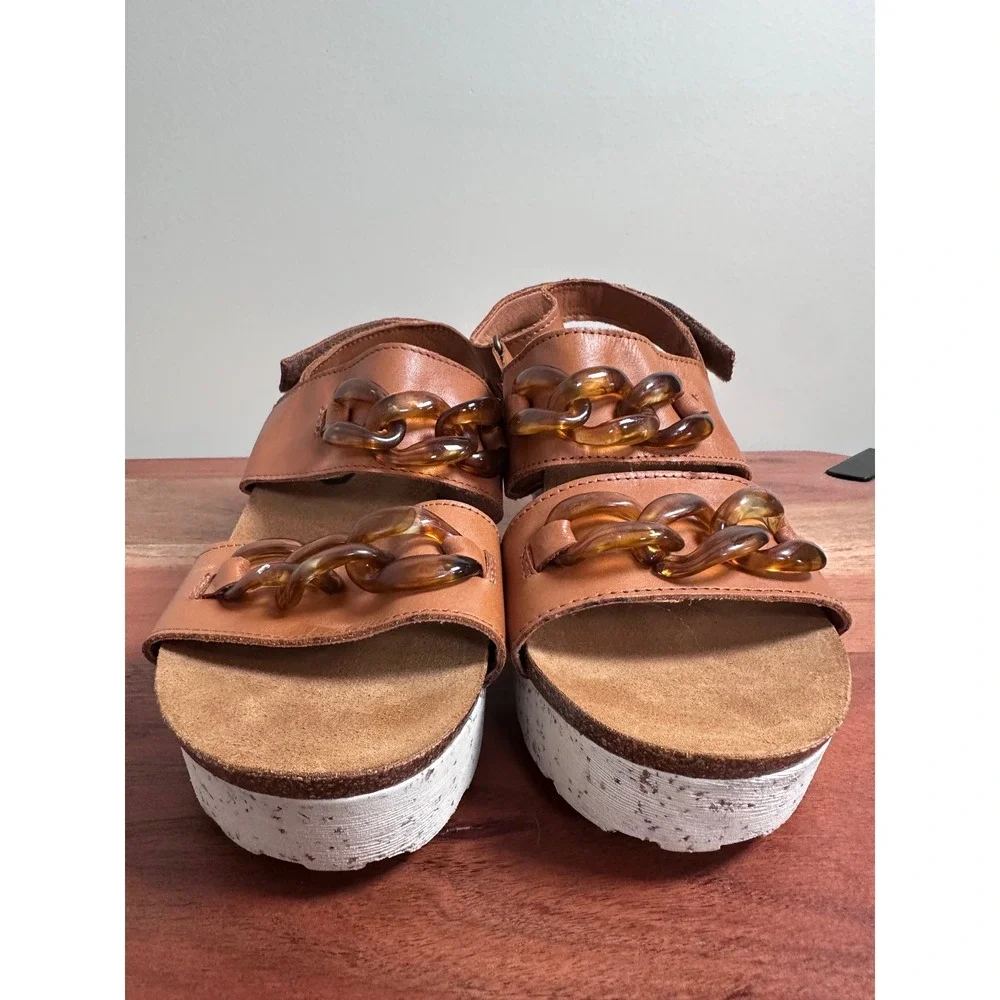 OTBT Fair Isle Wedge Sandals Womens 8.5M Tan Leather Boho Chunky Platform